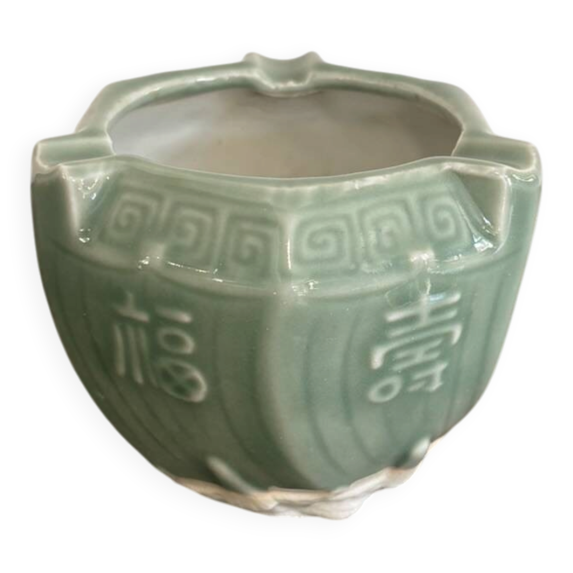 Cendrier rince-pinceaux porcelaine céladon vert caractères Fu Shou