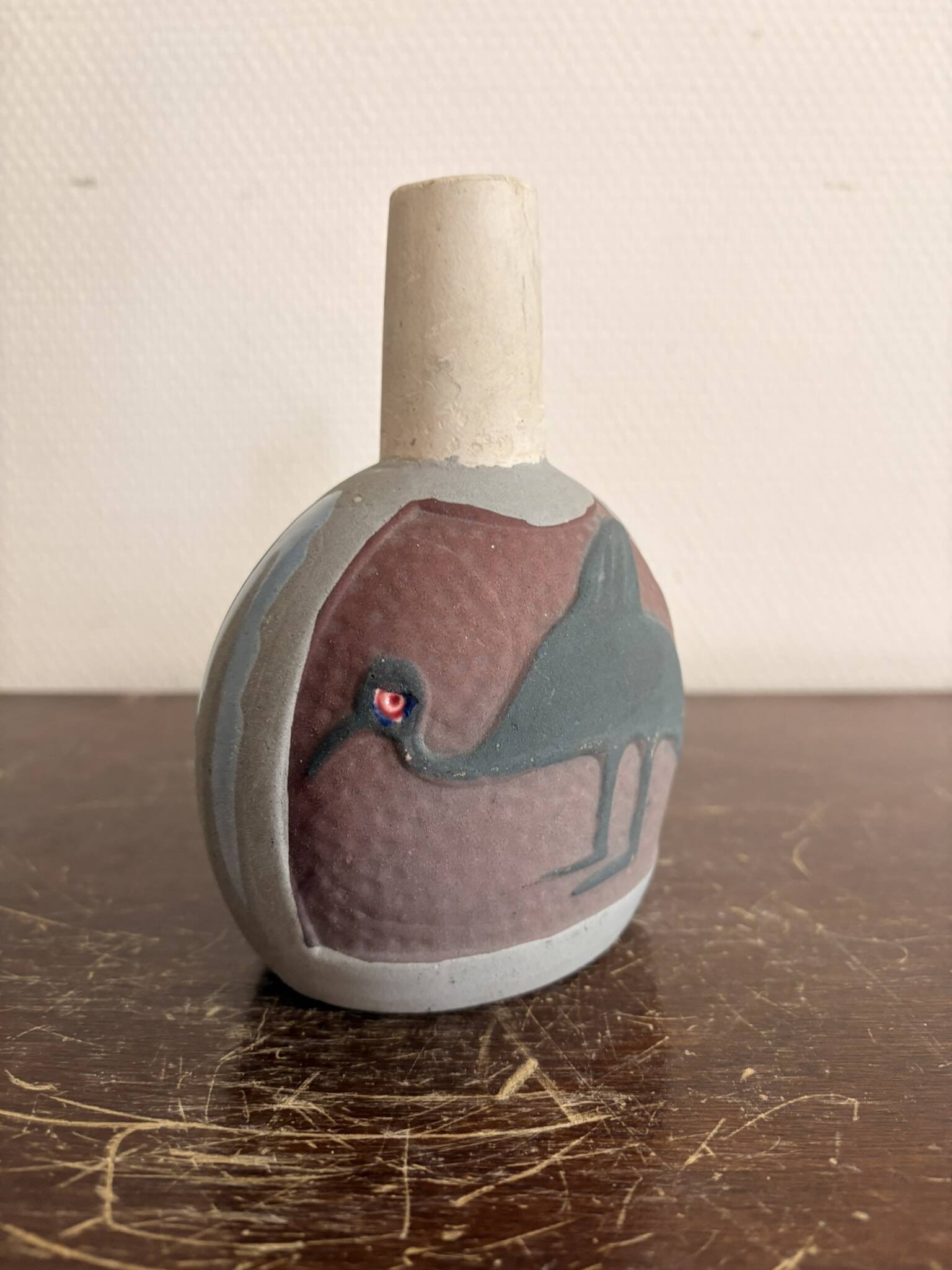 Ancien Vase Bouteille Méplate céramique Sud Américain Pré Colombien Oiseau