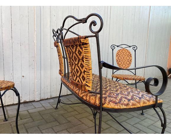 Set of vintage garden furniture sofa wrought iron and wicker, chairs & coffee table vintage 1980