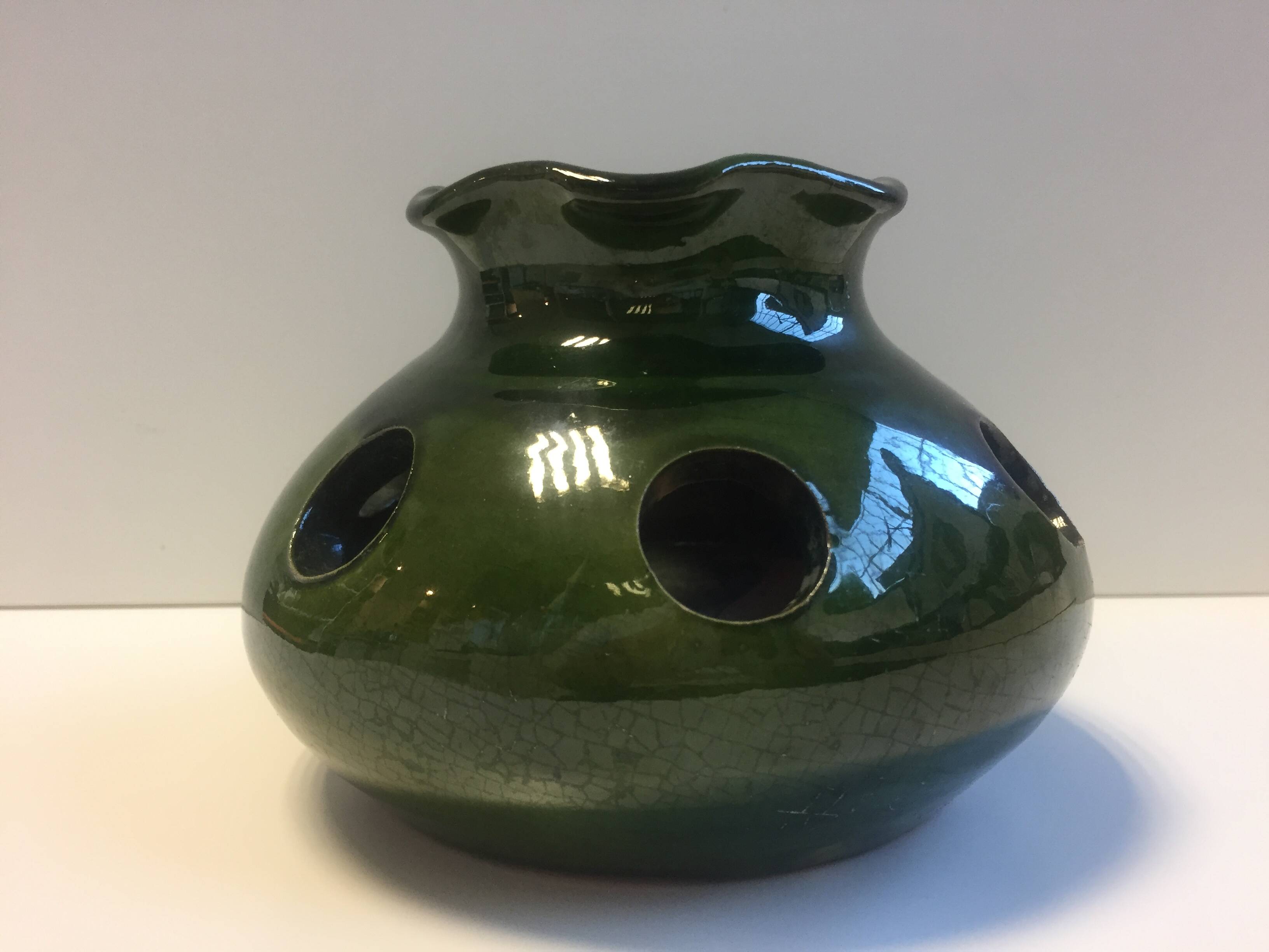 Old Bulb Pot Vase or Brasero Candle Holder Green Enameled Terracotta Pottery