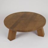 Table basse tripode ronde brutaliste en bois (Chêne) massif Circa 1960