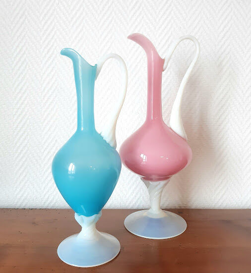 Pair of ewers in pink and blue opaline