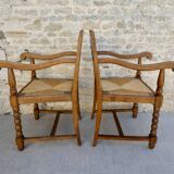 Pair of neo-Basque armchairs, wooden and mulched seat