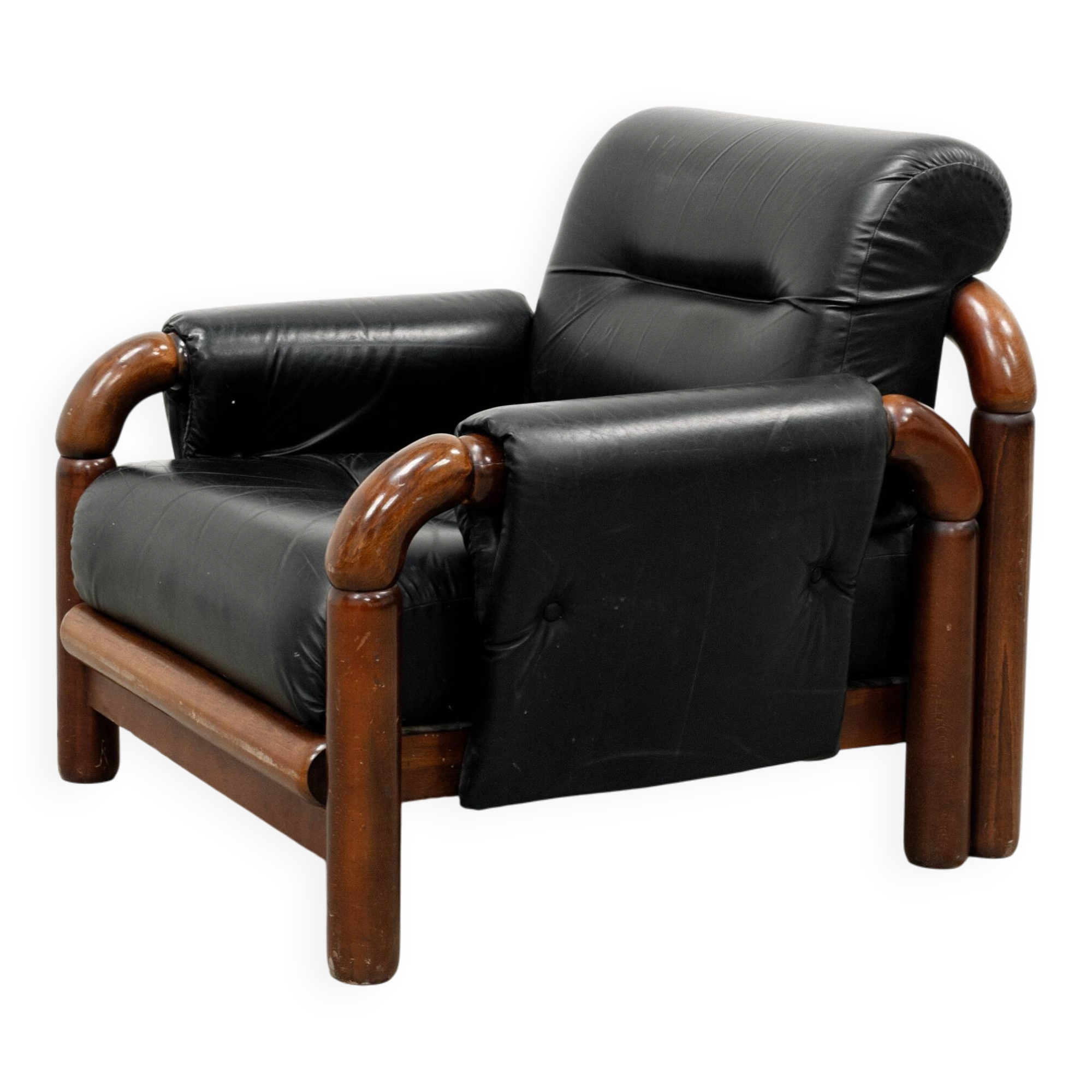 Brazilian Modernist Armchair in Black Leather and Solid Wood, 1970s