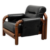 Brazilian Modernist Armchair in Black Leather and Solid Wood, 1970s