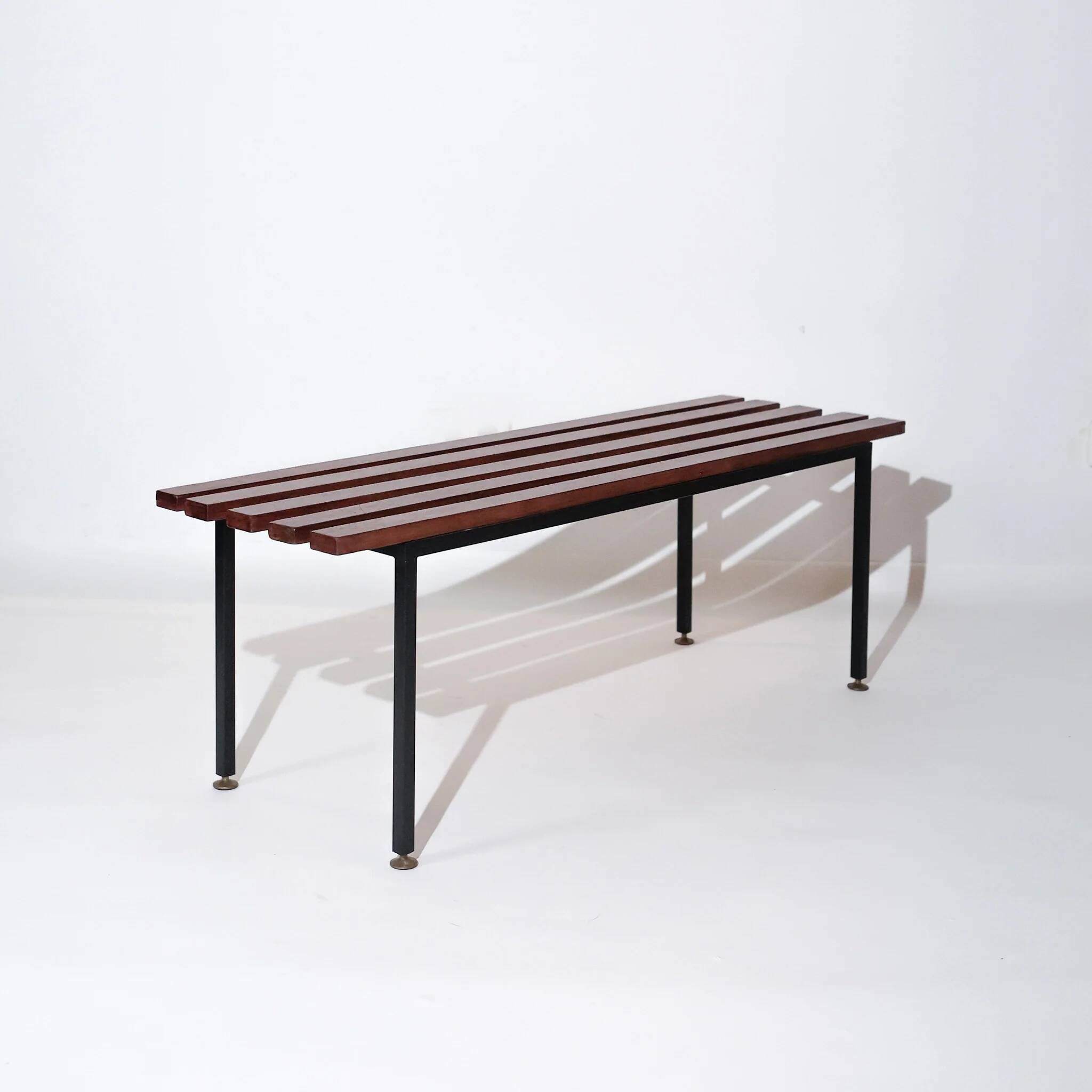 Vintage modernist Italian bench from the mid-century in slatted teak, black metal frame, Italy, 1960s.