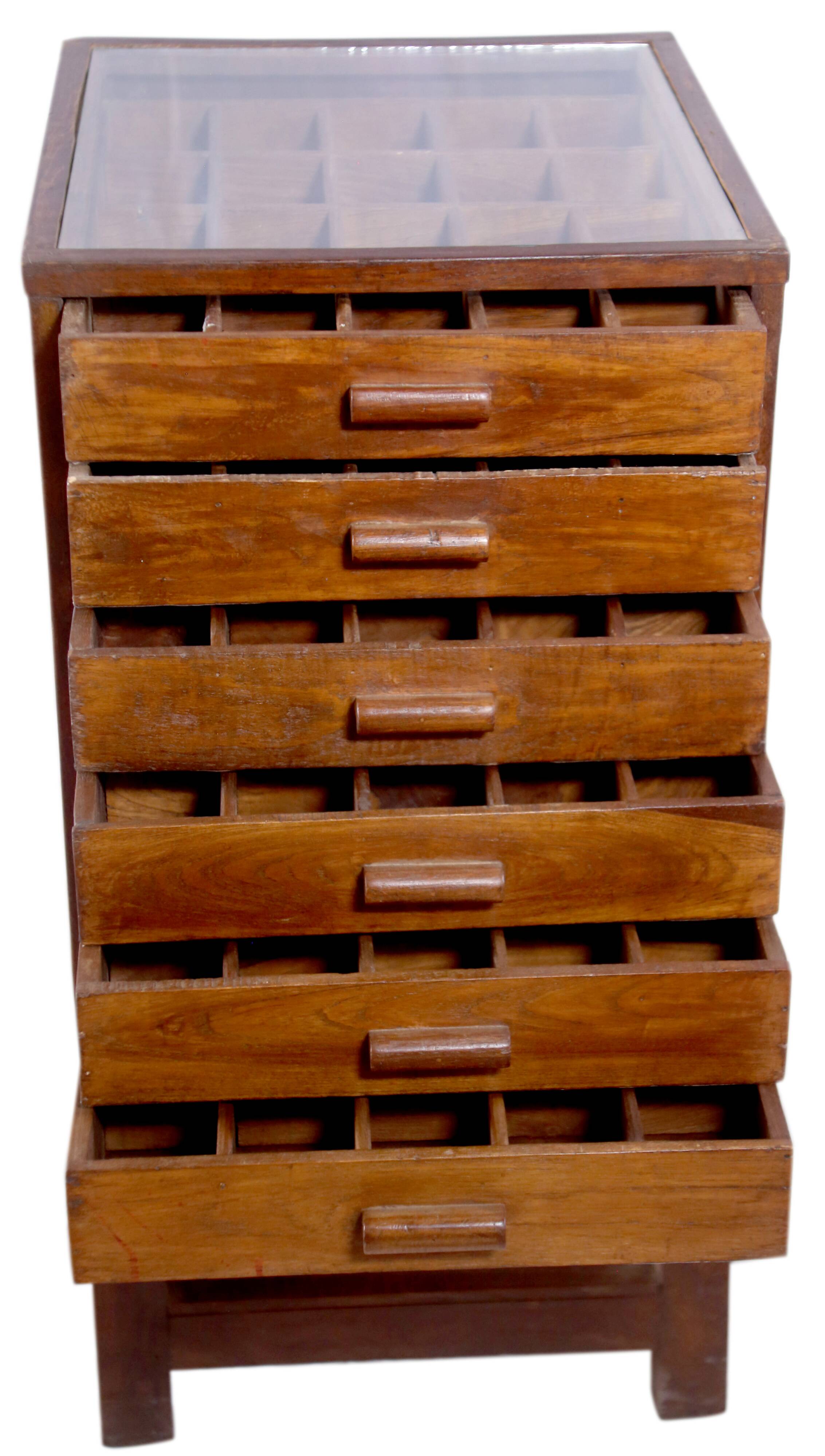 Former antique Burmese teak workshop cabinet with top glass tray