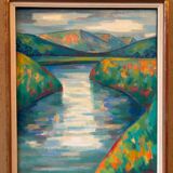 Lake and mountain landscape signed Godelier