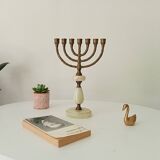 Vintage Hebrew Menorah Candlestick in Solid Brass and Onyx from the 60s