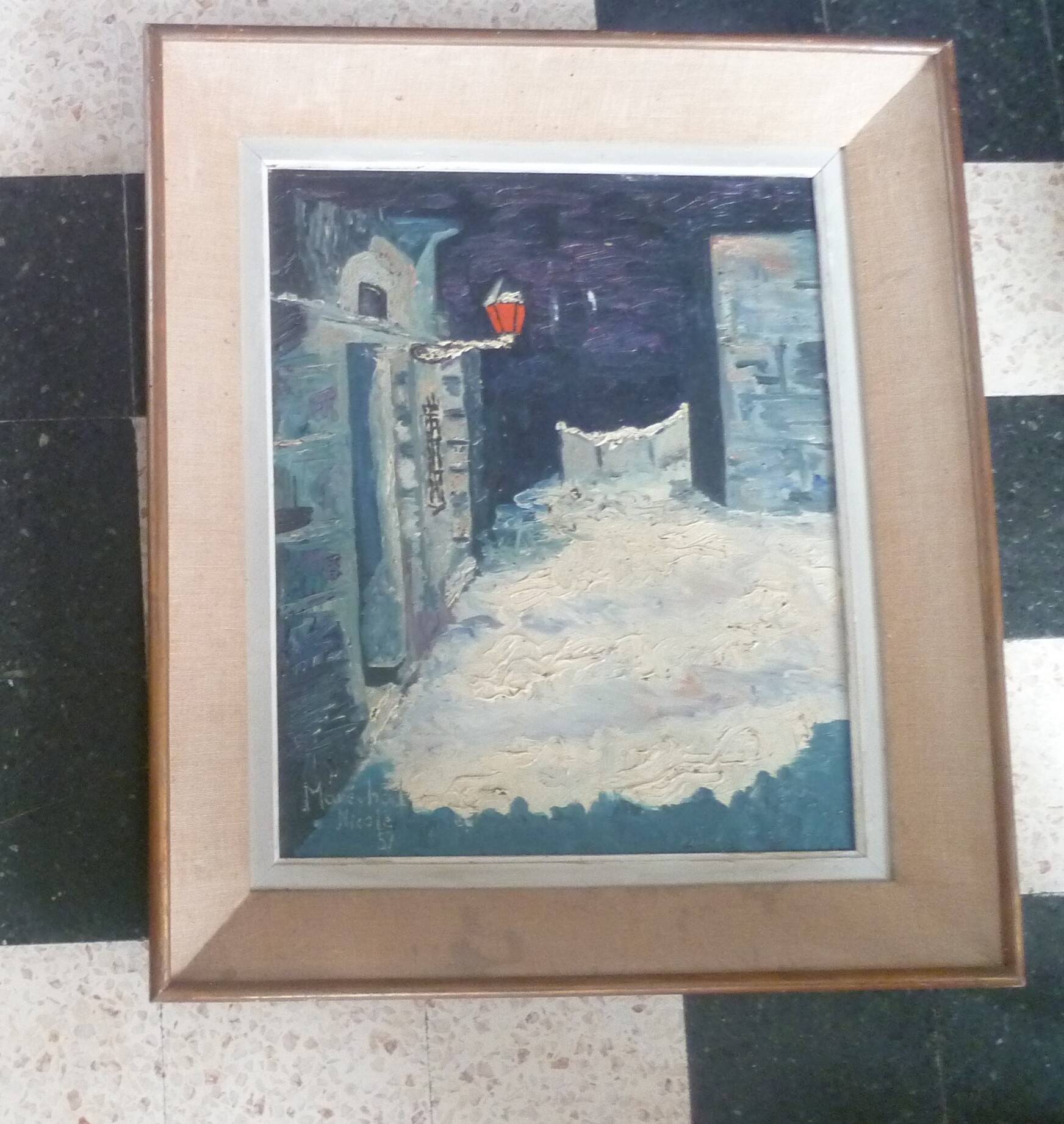 HST PAINTING "SNOW LANDSCAPE WITH RED LANTERN" signed MARECHAL NICOLE 1957 IN ITS FRAME