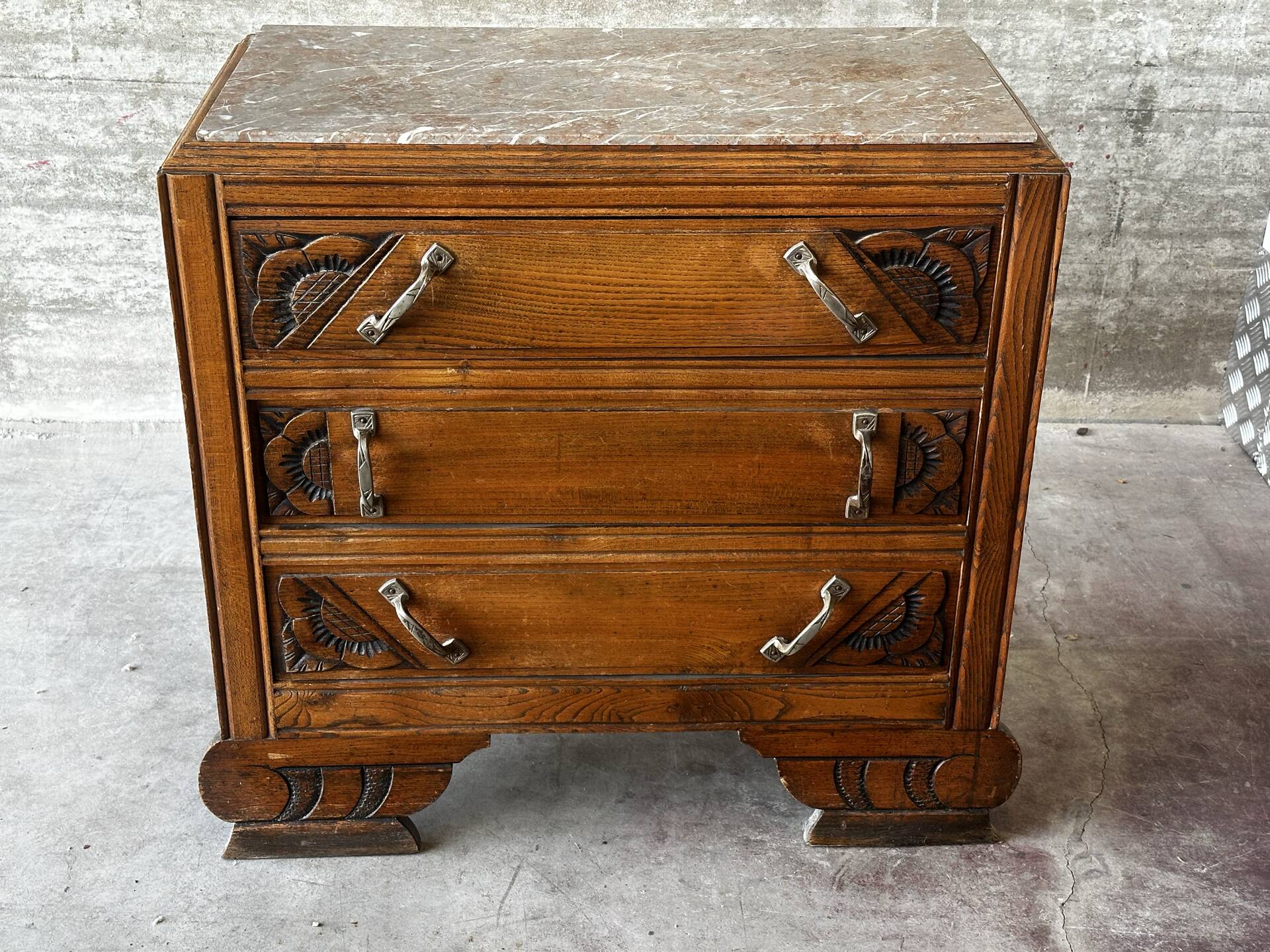 Compact Art Deco commode from the 1930s, carved wood and marble.