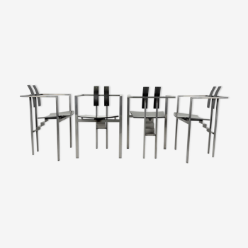 Set of 4 postmodern steel and wood dining chairs, 1980s