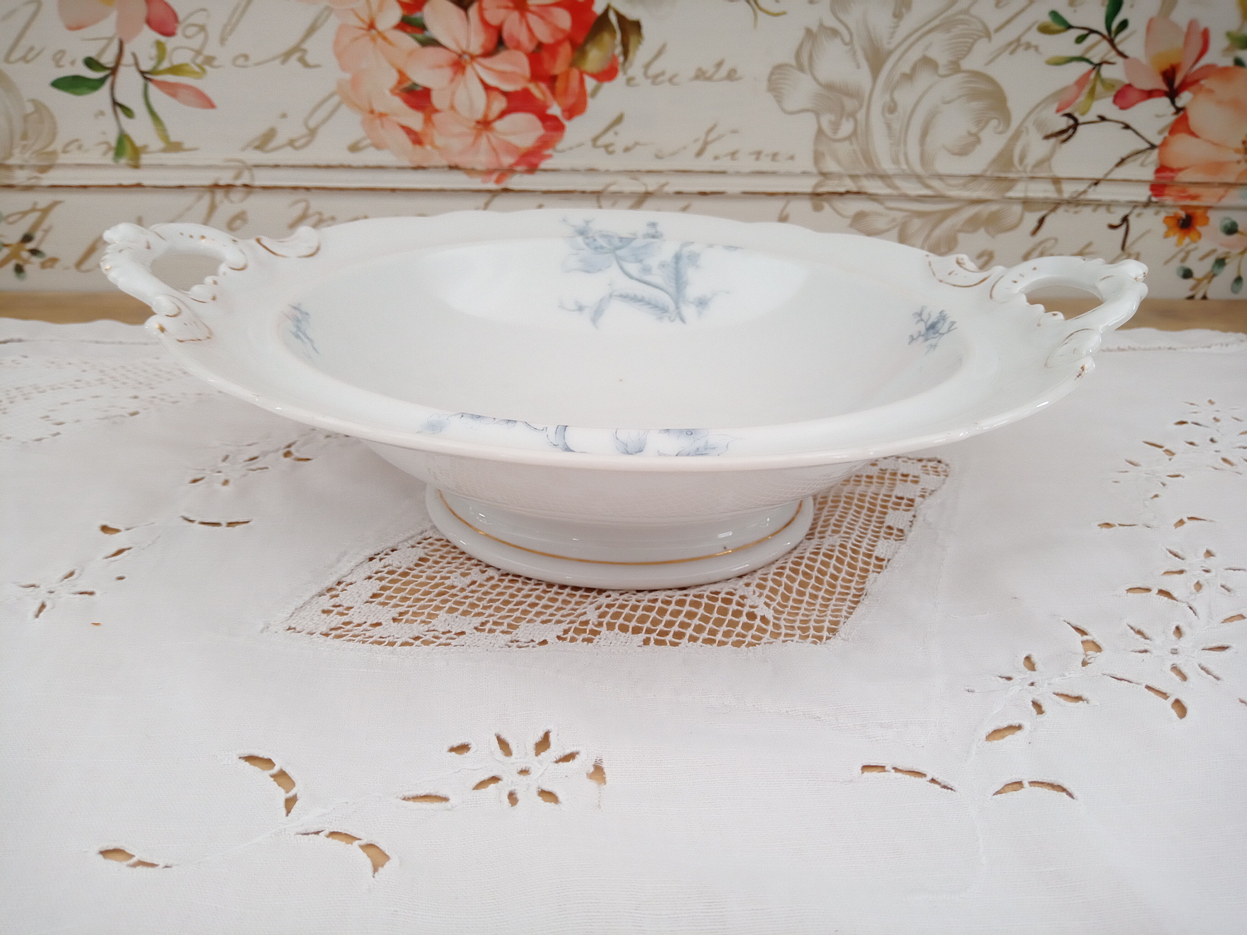 Compotier on porcelain pedestal decoration pale blue flowers