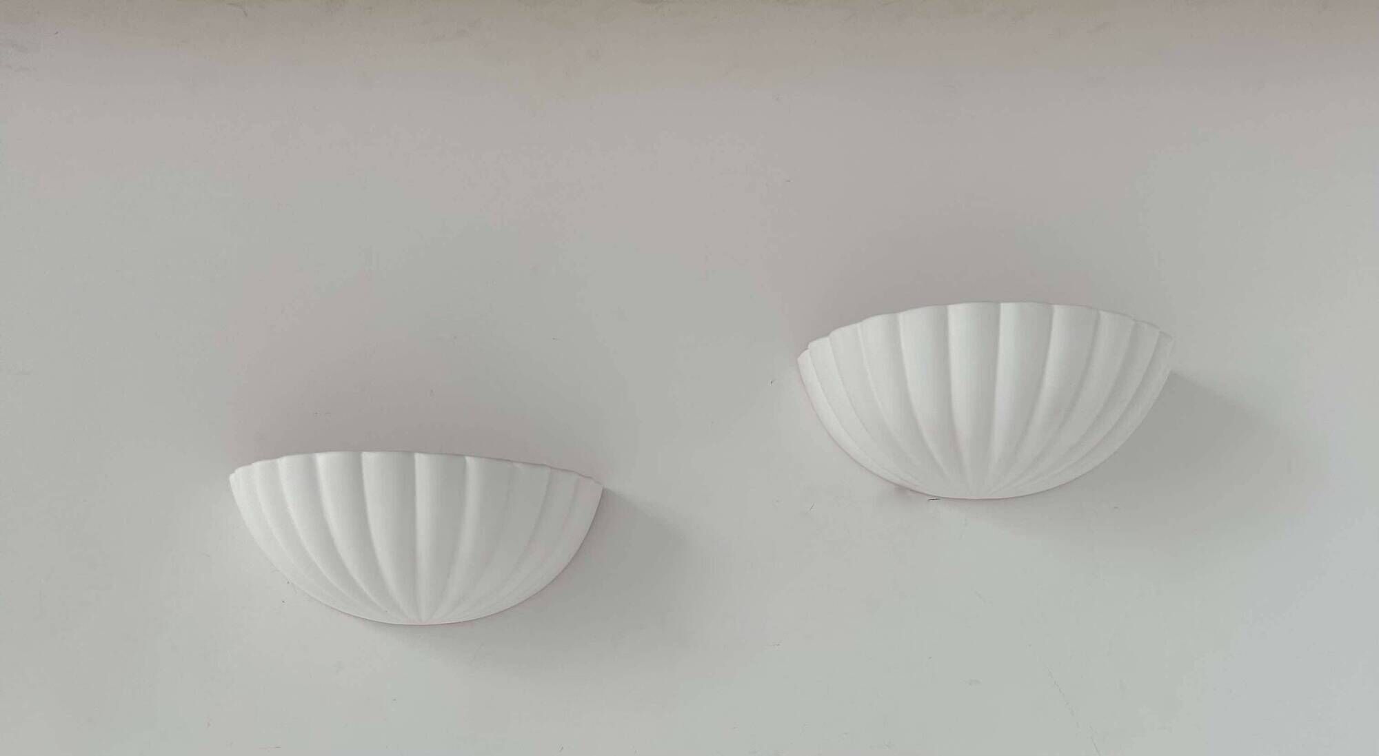 Pair of vintage shell wall lights, matte white, France 1970