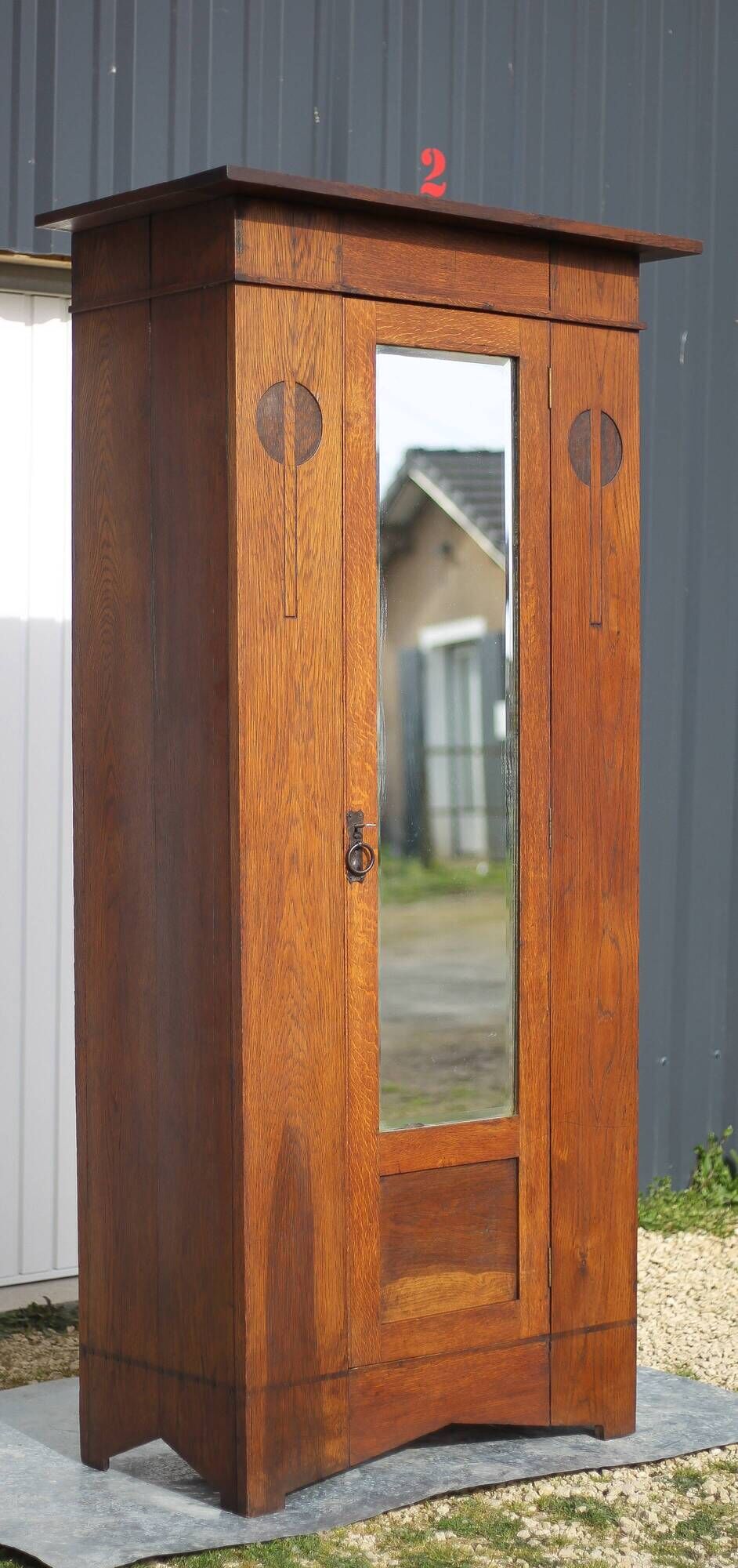 Vintage wardrobe, 1-door wooden wardrobe with beveled mirror, hanging wardrobe