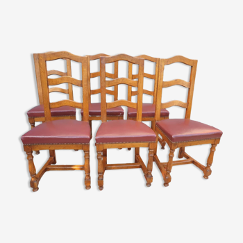 Set 6 chaises style Louis XIII vintage 1980 chêne et cuir rouge bordeaux