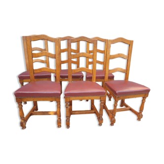 Set 6 chairs style Louis XIII VINTAGE 1980 Oak and Burgundy red leather