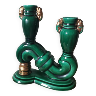 Vintage green slip candlestick in Vallauris style