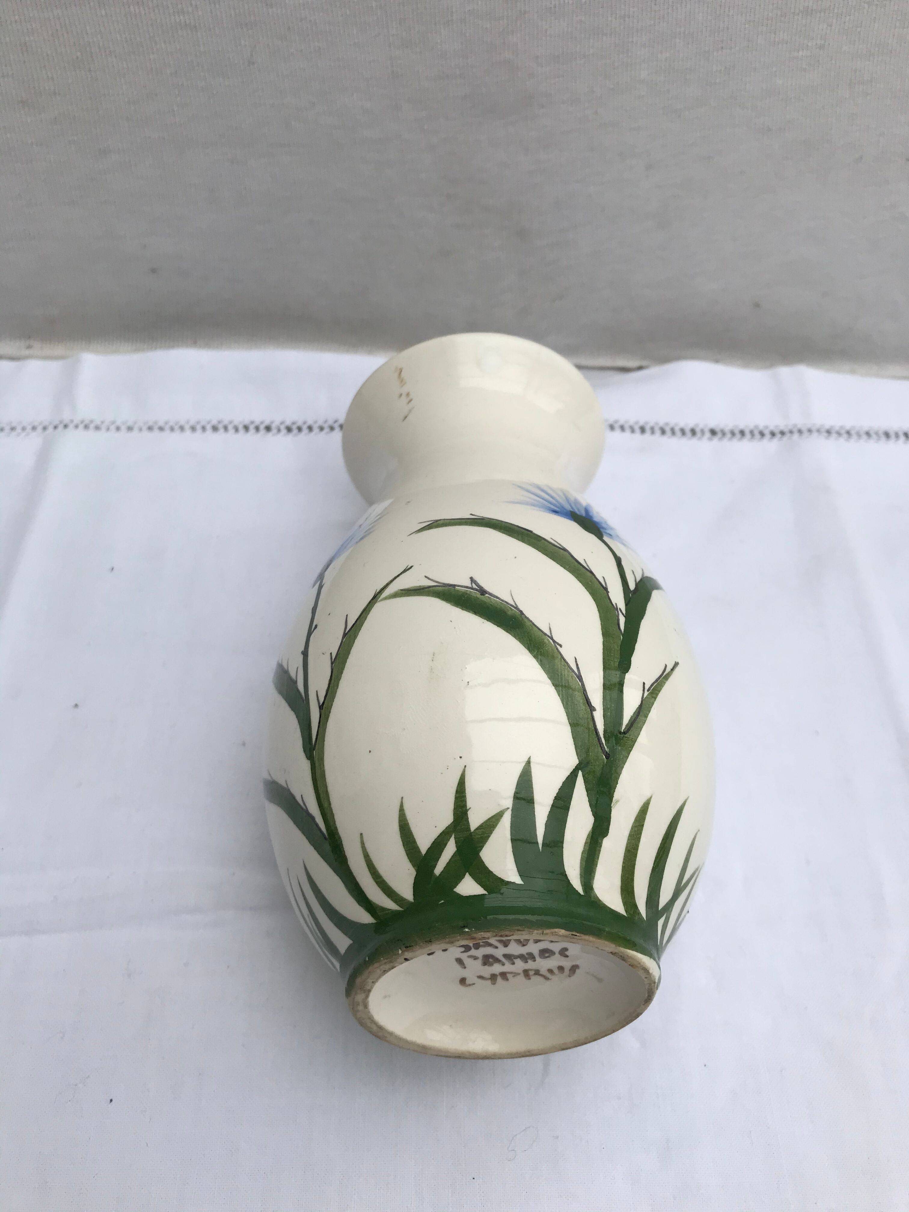 Ancient Vase CYPRUS Ceramics White Drawing Vintage Flowers