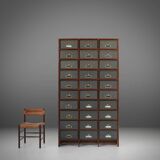 Industrial filing cabinet in wood with 30 original cardboard storage boxes, Belgium, 1920s