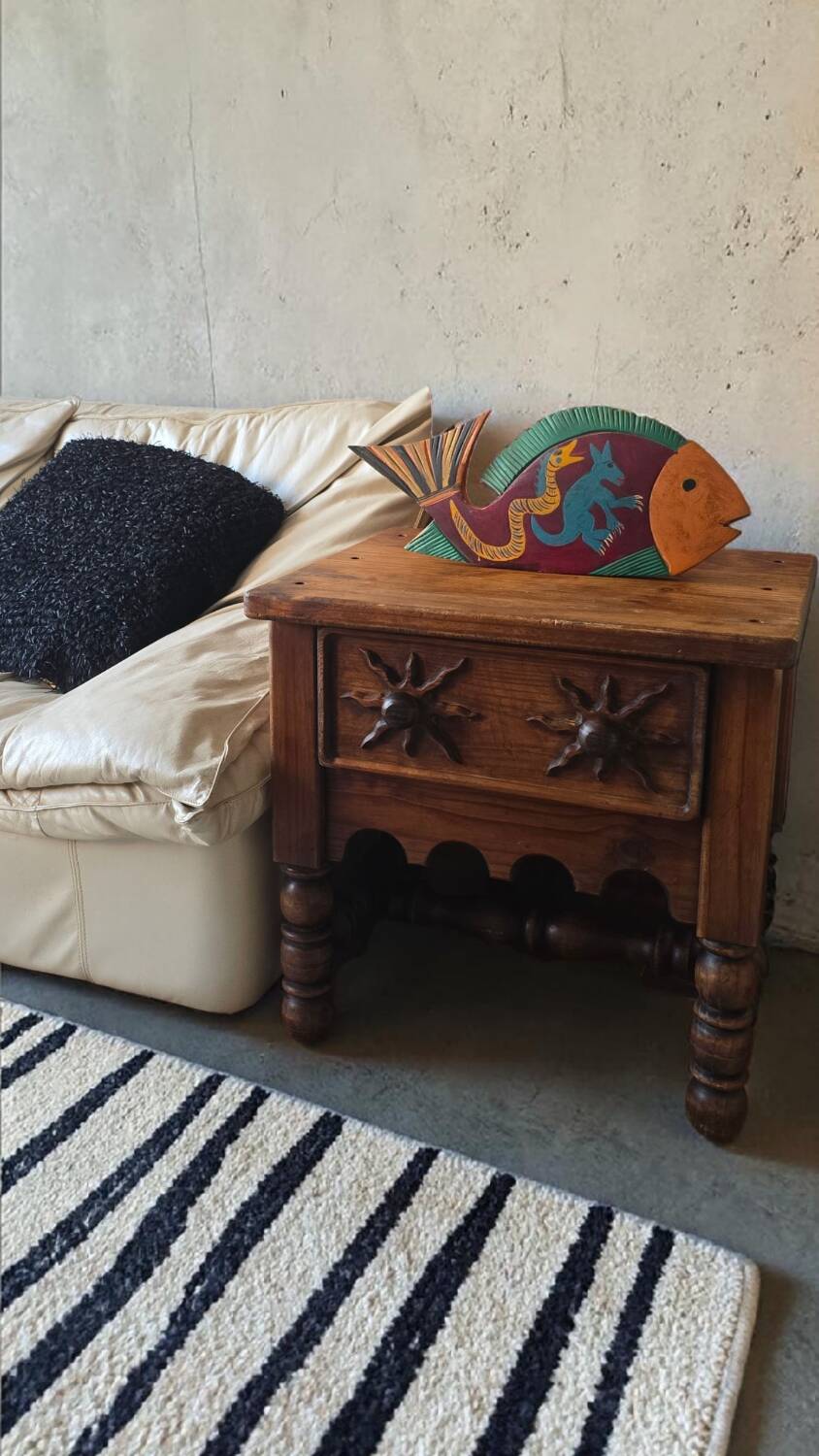 Folk Rustic Sun-Carved Nightstand sidetable cupboardsolid wood chunky
