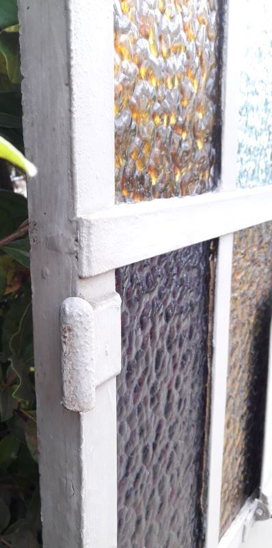 Workshop door 258.4x98.5cm in iron and colored cathedral glass