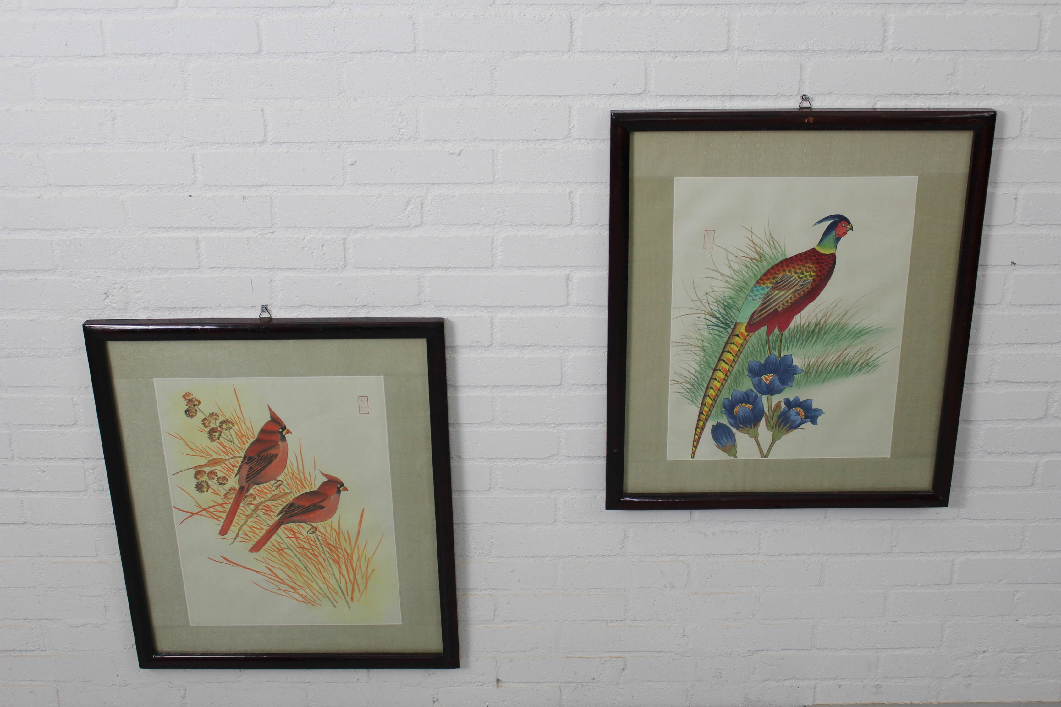 Antique asian painting on rice paper in high quality wood frames, c 1910s