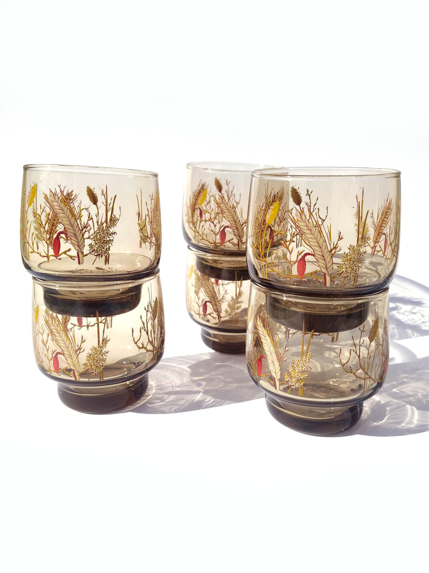 6 vintage Arcoroc smoked glasses with a pattern of ears of wheat
