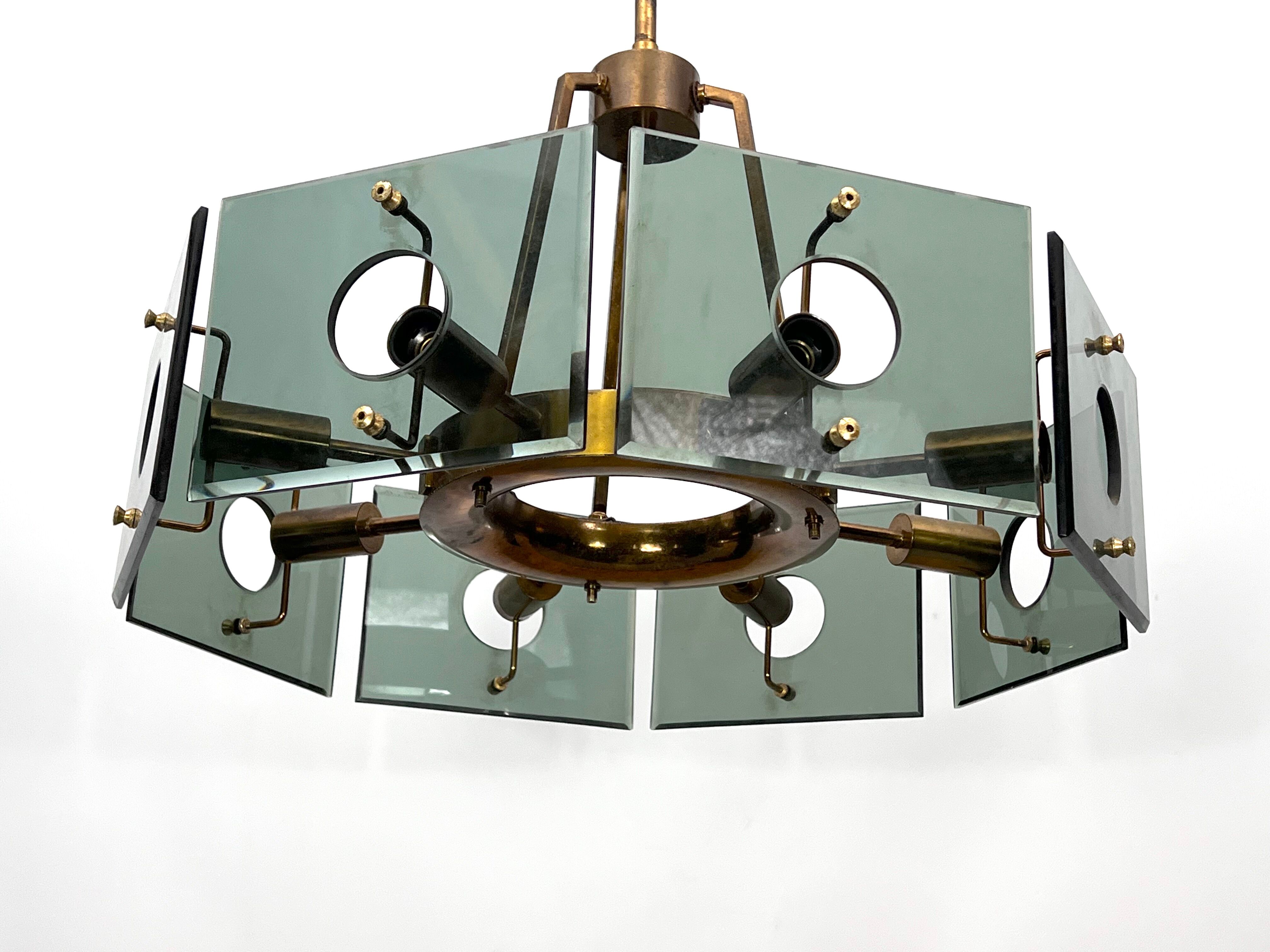 Gino Paroldo, modernist brass and smoked glass chandelier, Italy 1960s