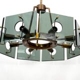 Gino Paroldo, modernist brass and smoked glass chandelier, Italy 1960s