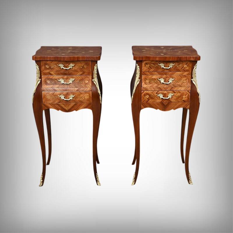 Pair of bedside tables in marquetry, Louis XV style – Mid 20th century