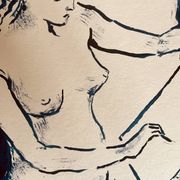 Painting in indigo blue "female model drawing in the studio"