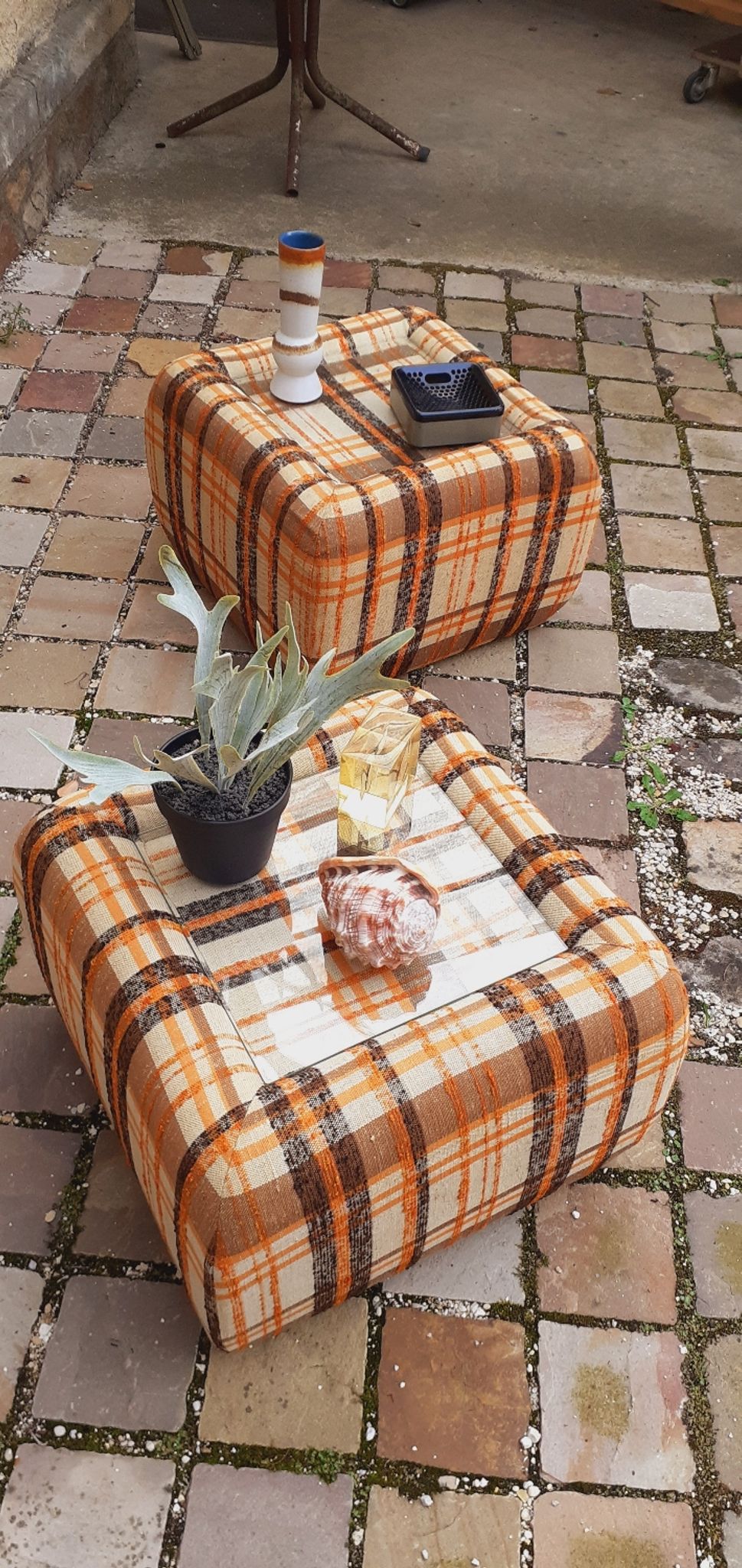 Pair of vintage 70s fabric coffee tables with glass tops