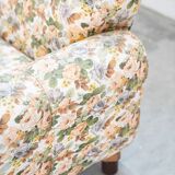 2-seater sofa, floral fabric, wooden structure, plastic and wooden legs, 1970