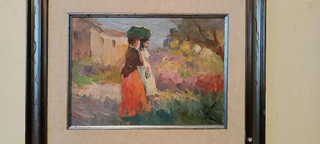 Oil painting of figures on panel in the Impressionist style from the 50s/60s.