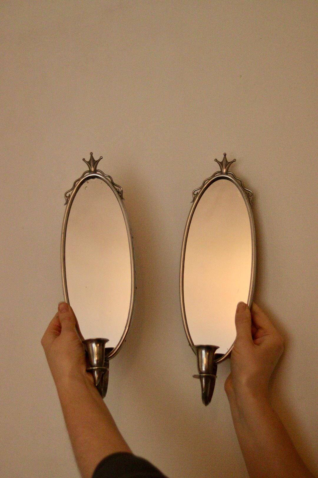 Pair of vintage mirror sconces in pewter by Svenskt Tenn