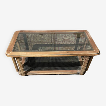 Table basse bois , cannage  et verre