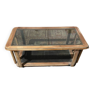 Table basse bois , cannage  et verre