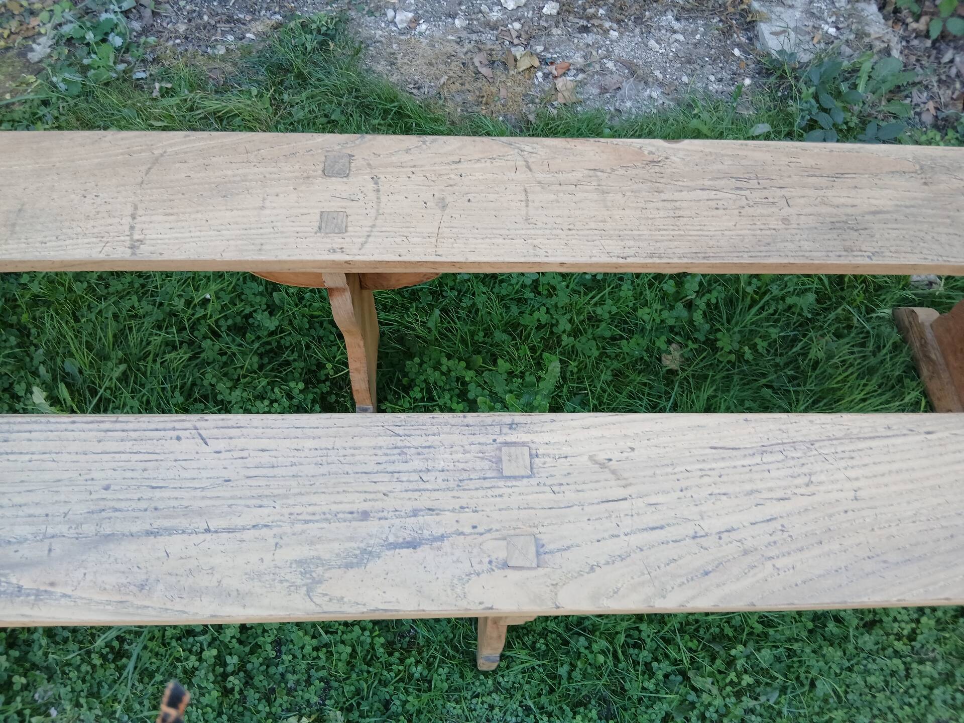 Pairs of large benches in raw fir wood.