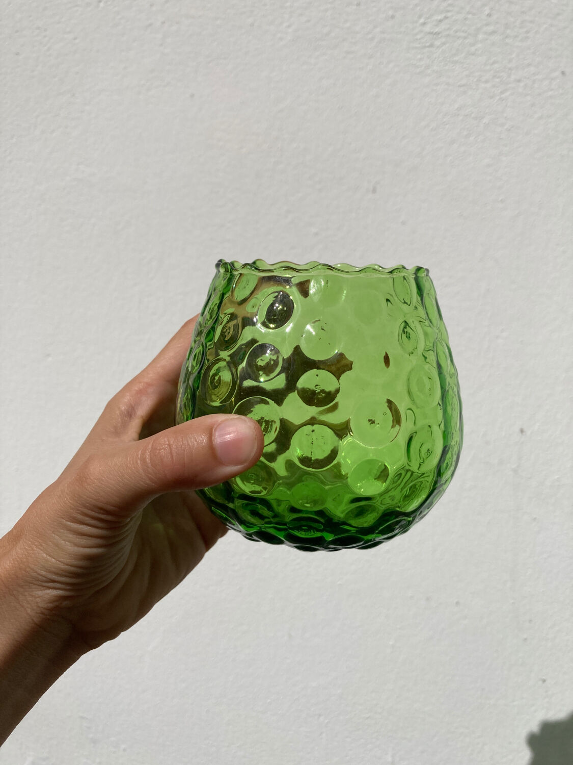 4 green water glasses and vintage blown glass carafe