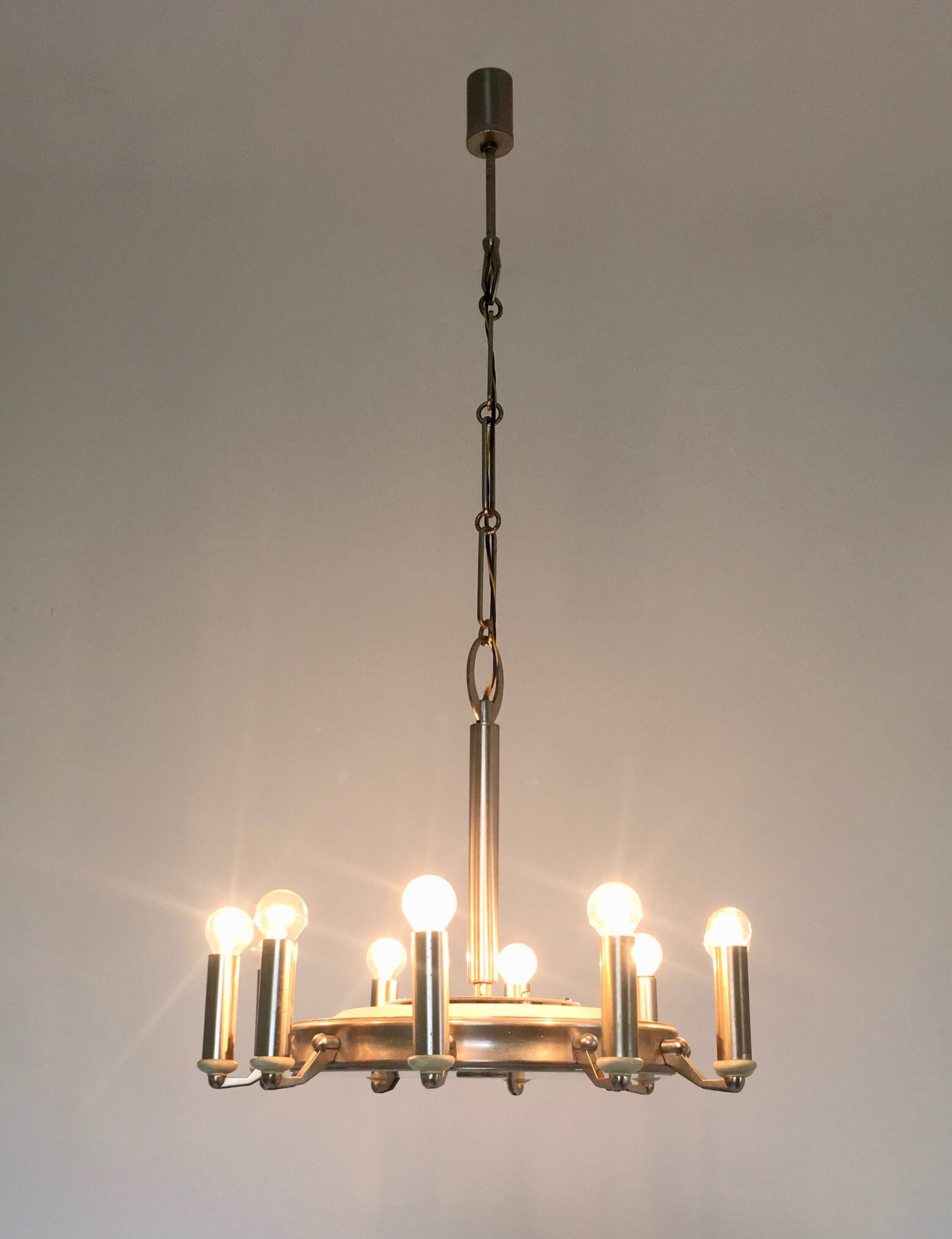 Art Deco 10-Light Round Varnished Metal Chandelier, Italy