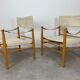Pair of safari armchairs canvas and leather stretched