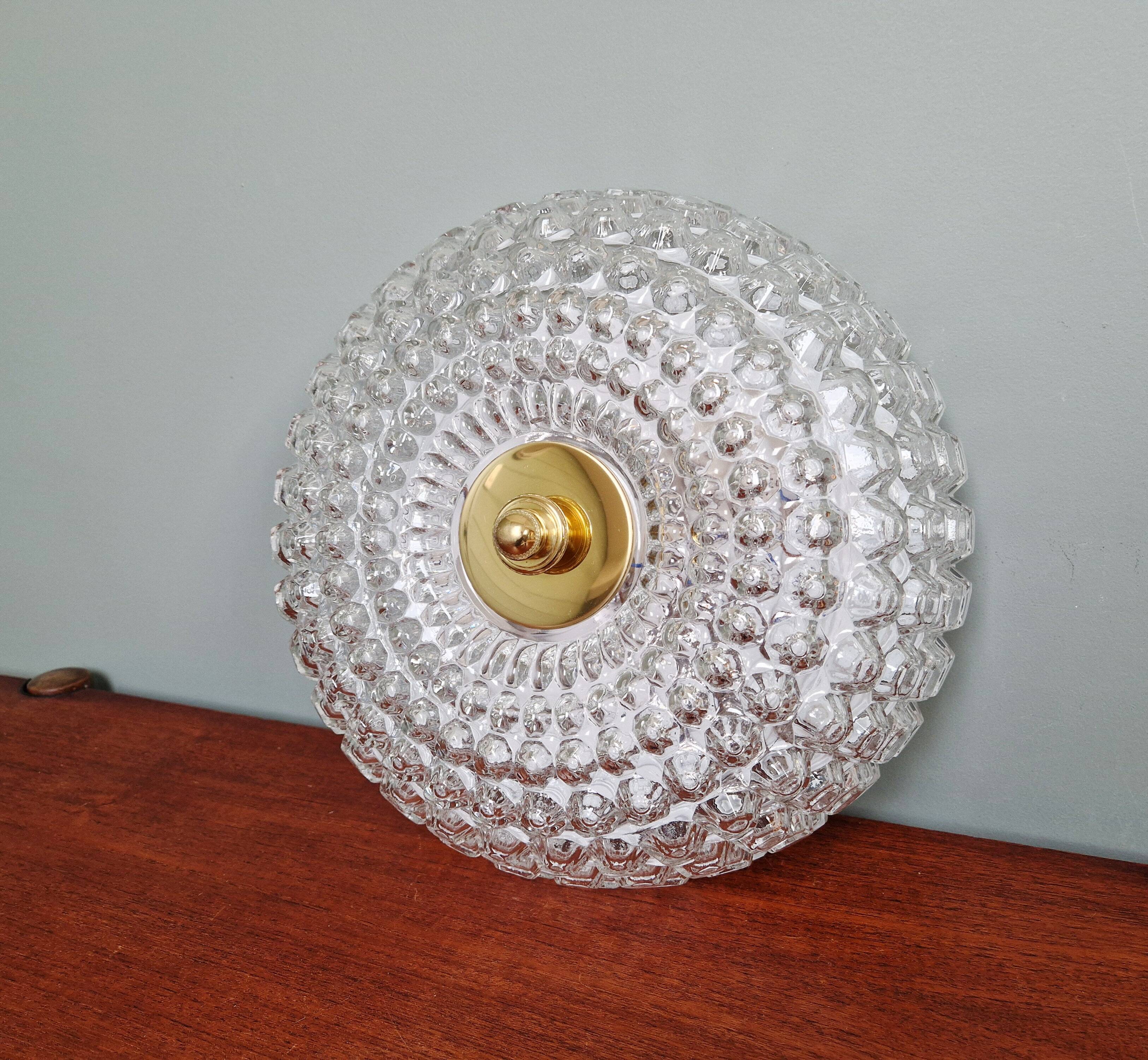 Large honeycomb glass ceiling light and brass, Glasshütte Limburg, 1970