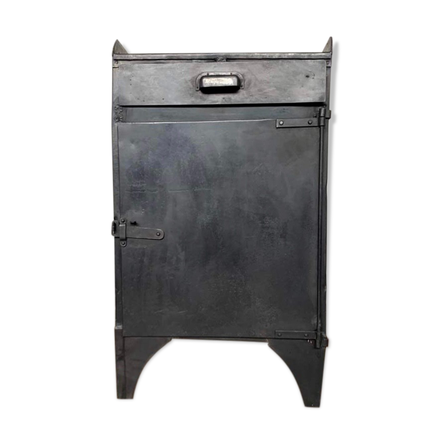 Old Industrial workshop furniture with 1 door 1 drawer in patinated iron