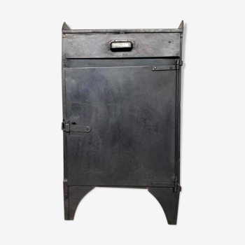 Old Industrial workshop furniture with 1 door 1 drawer in patinated iron