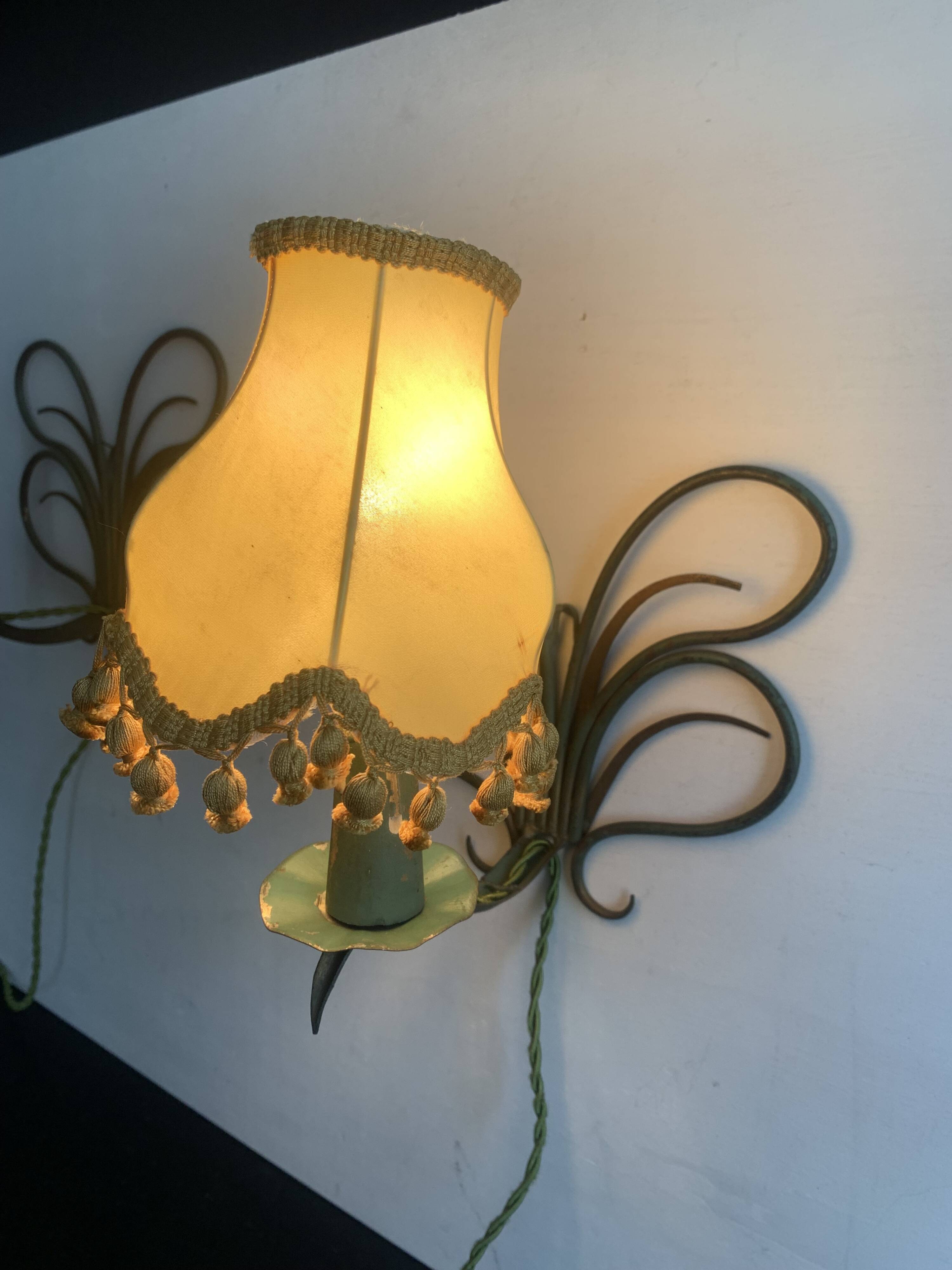 Pair of wall lights in patinated green painted iron, 1950s