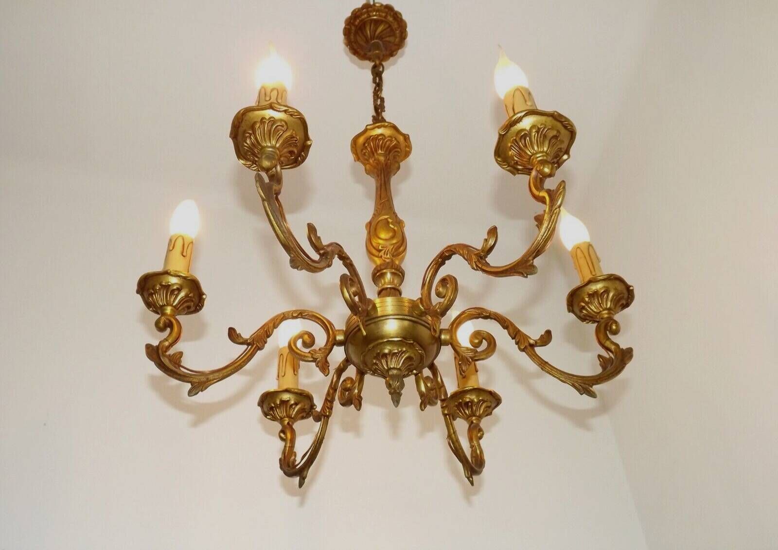 French Vintage Traditional Bronze 6 Light Chandelier Acanthus Leaf Detail 4565
