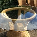 Vintage rattan set dining table and its 6 chairs