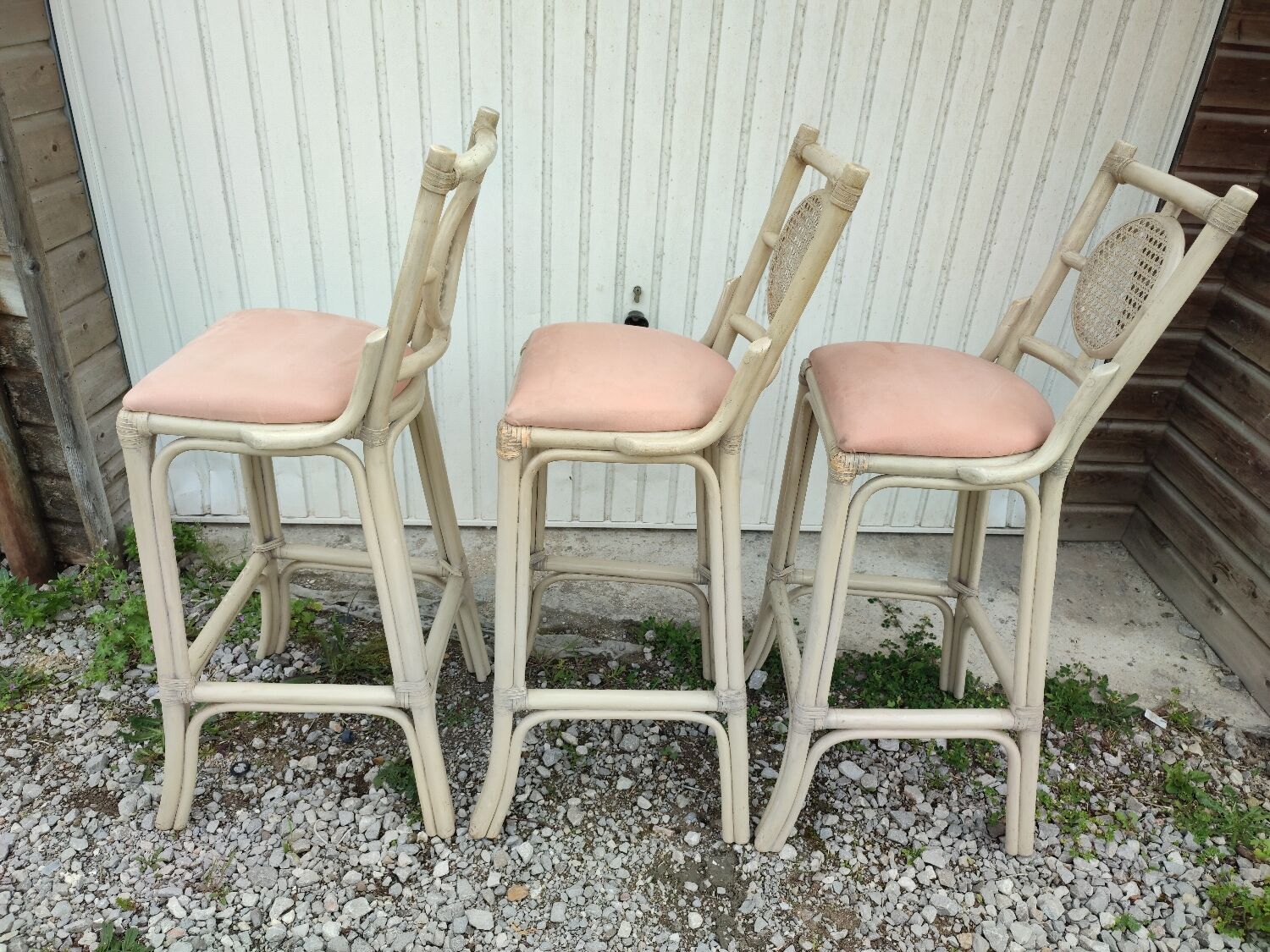 3 white stools vintage bar bamboo wicker rattan