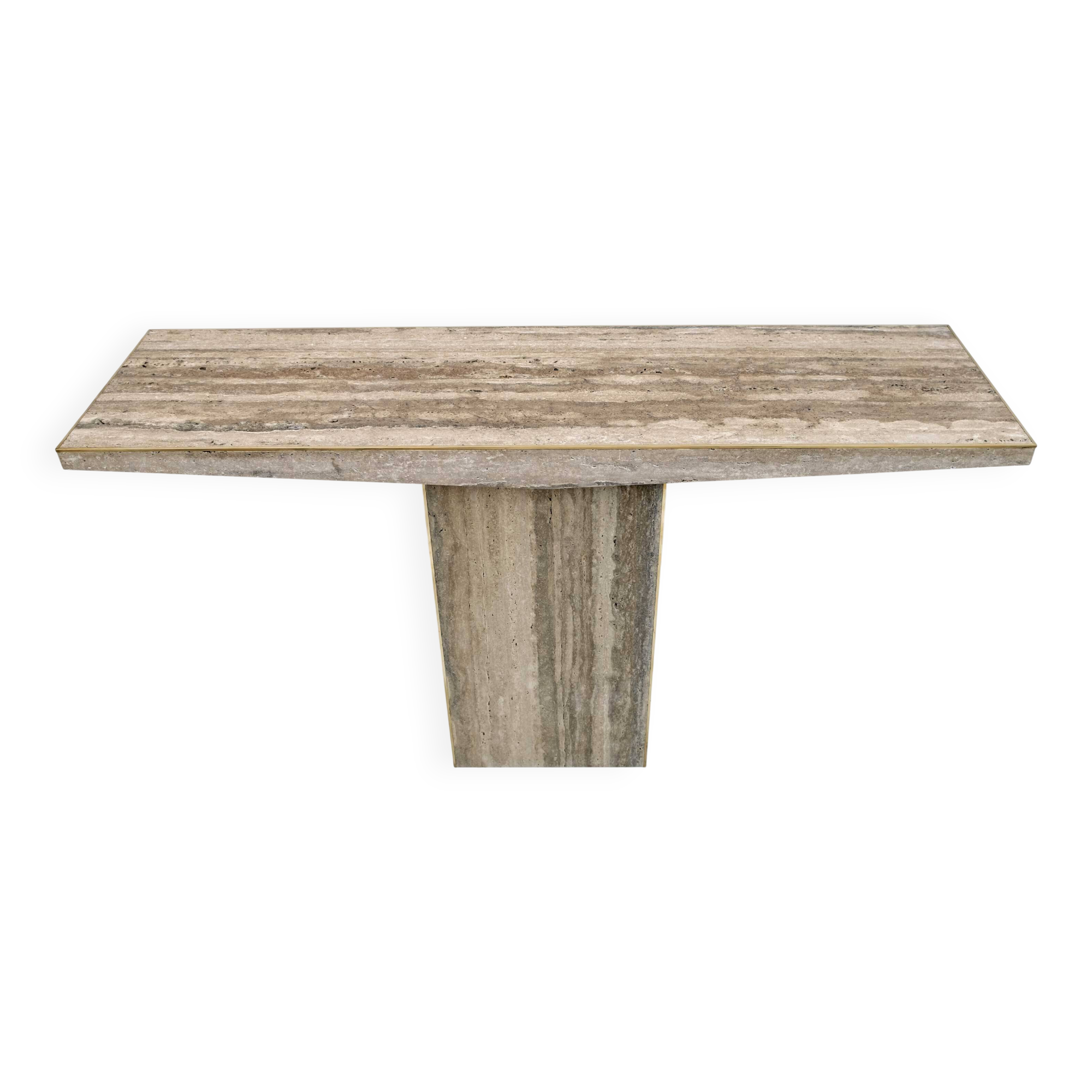 Mid Century Italian Unfilled Travertine and Brass Inlay Console Table
